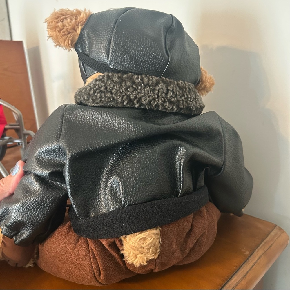 Pilot Teddy Bear with Black Jacket and Brown Fur - Picture 6 of 6